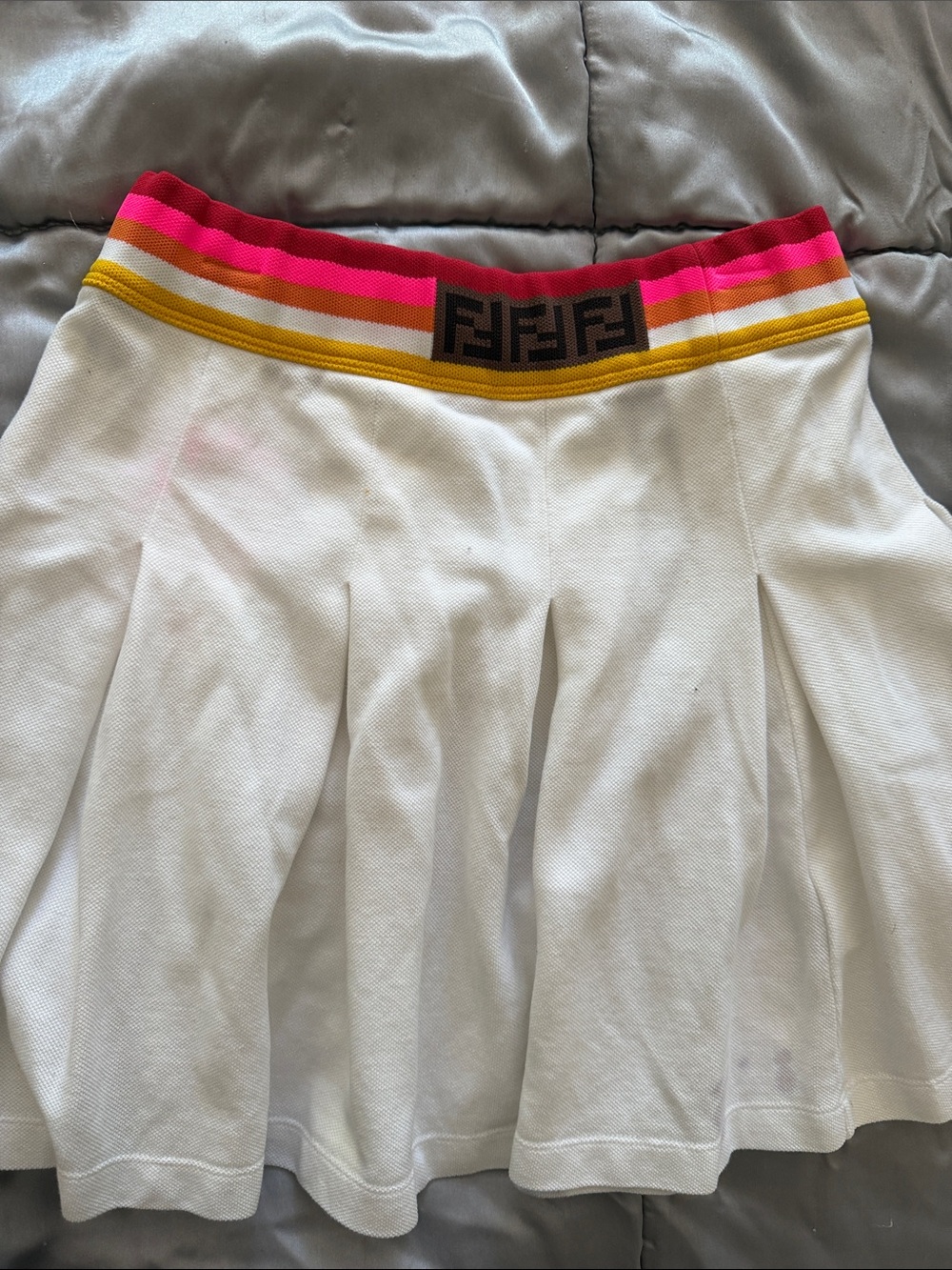 Fendi White Pleated Tennis Skirt with Pink, Orange and Yellow Striped Waistband